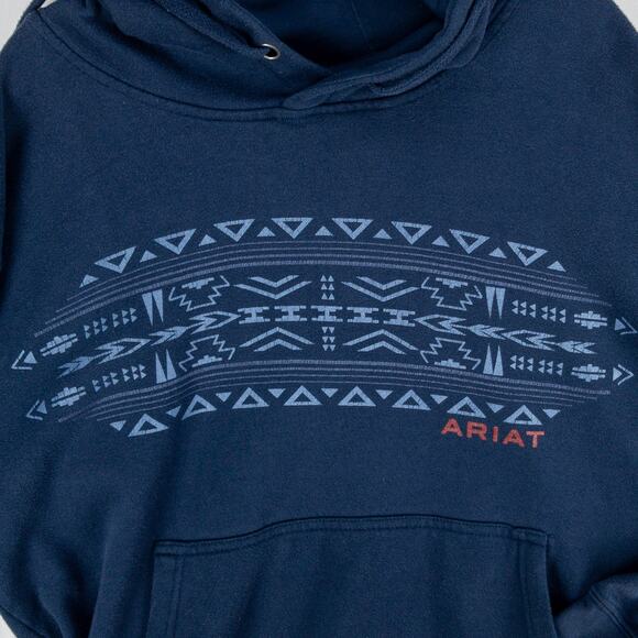 Ariat Hoodie Men’s Medium Pullover Navy Blue Southwest Graphic Logo Ranch Fleece - Picture 5 of 13